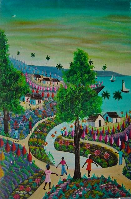 Benito Auguste 24"x12" Escena rural C1980 Óleo original sobre lienzo #1-2-95MFN
