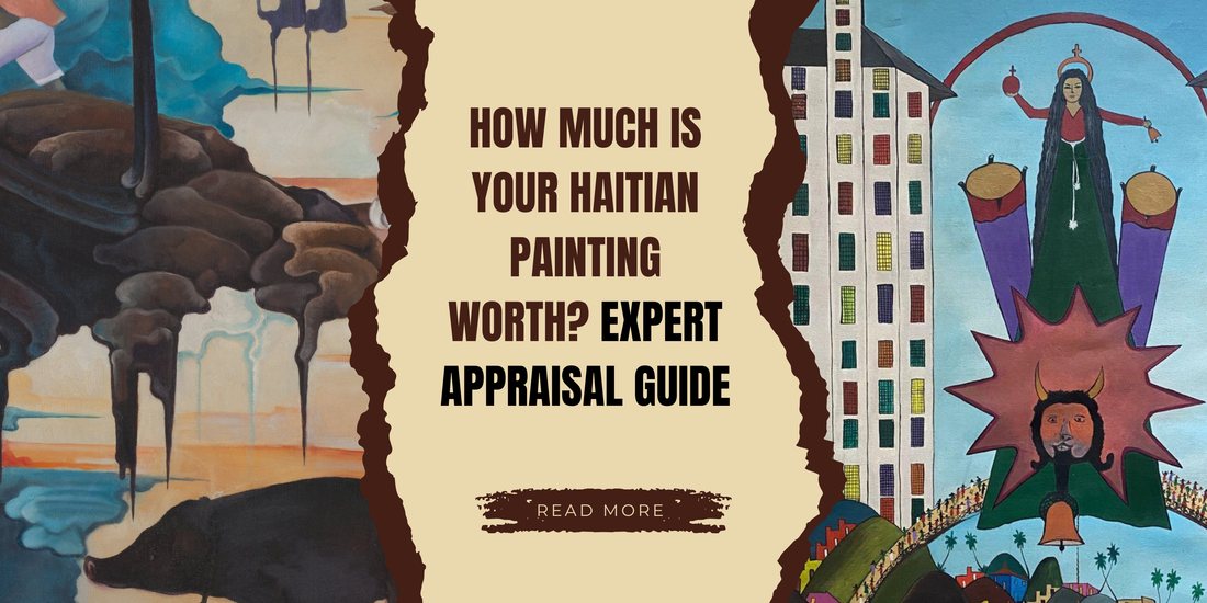 Haitian painting appraisal example showing vibrant Caribbean artwork with figures and market scene, illustrating valuation factors like artist, condition, and provenance