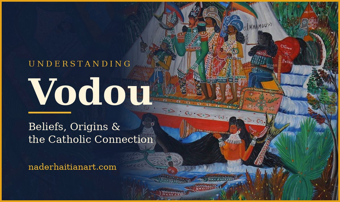 Andre Pierre painting “Ceremonie Erzulie Malade” showing a Vodou ceremony with figures on a decorated boat and two water spirits