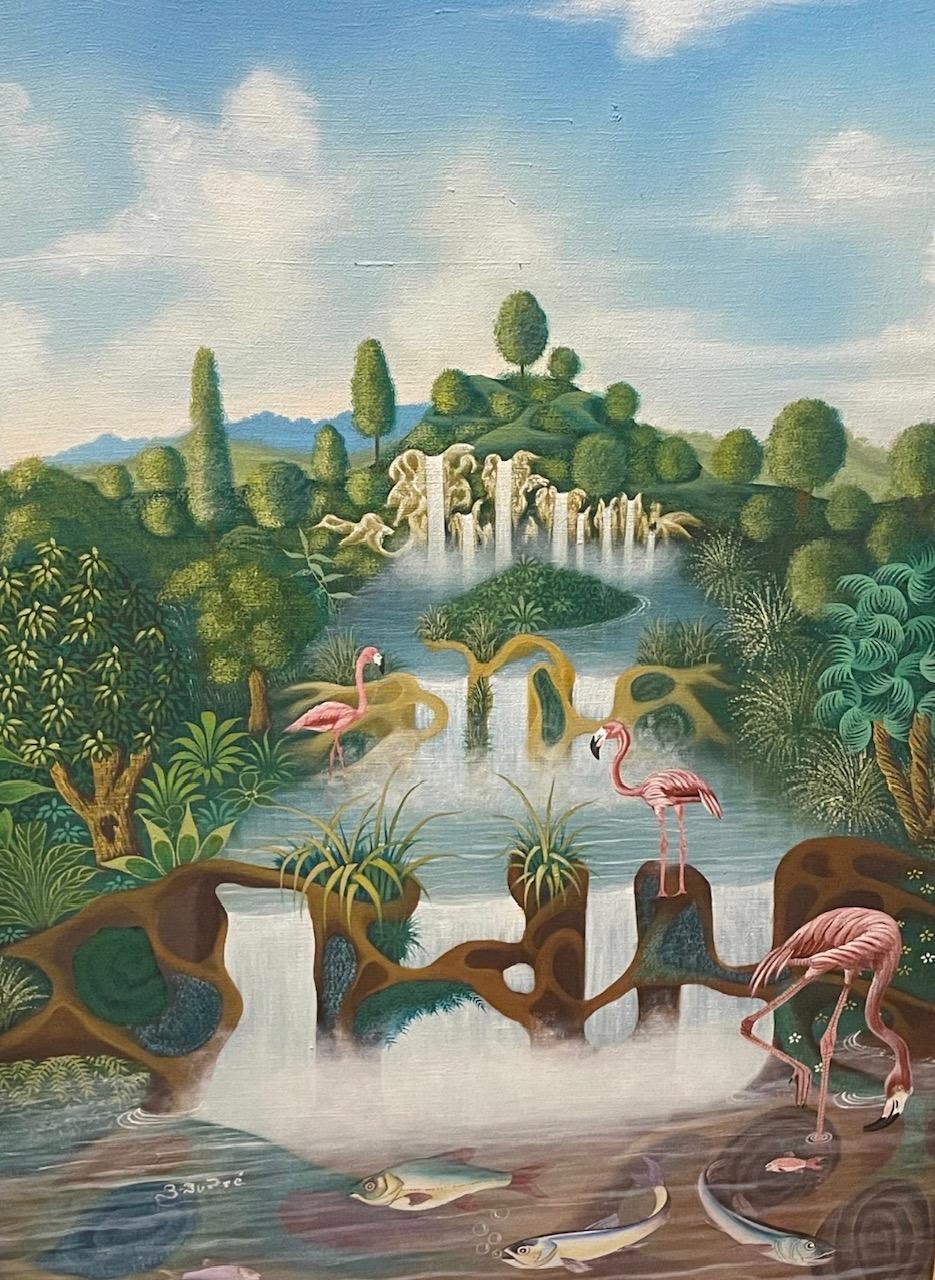 Dupré Haitian tropical landscape painting with flamingos, waterfalls, and lush vegetation