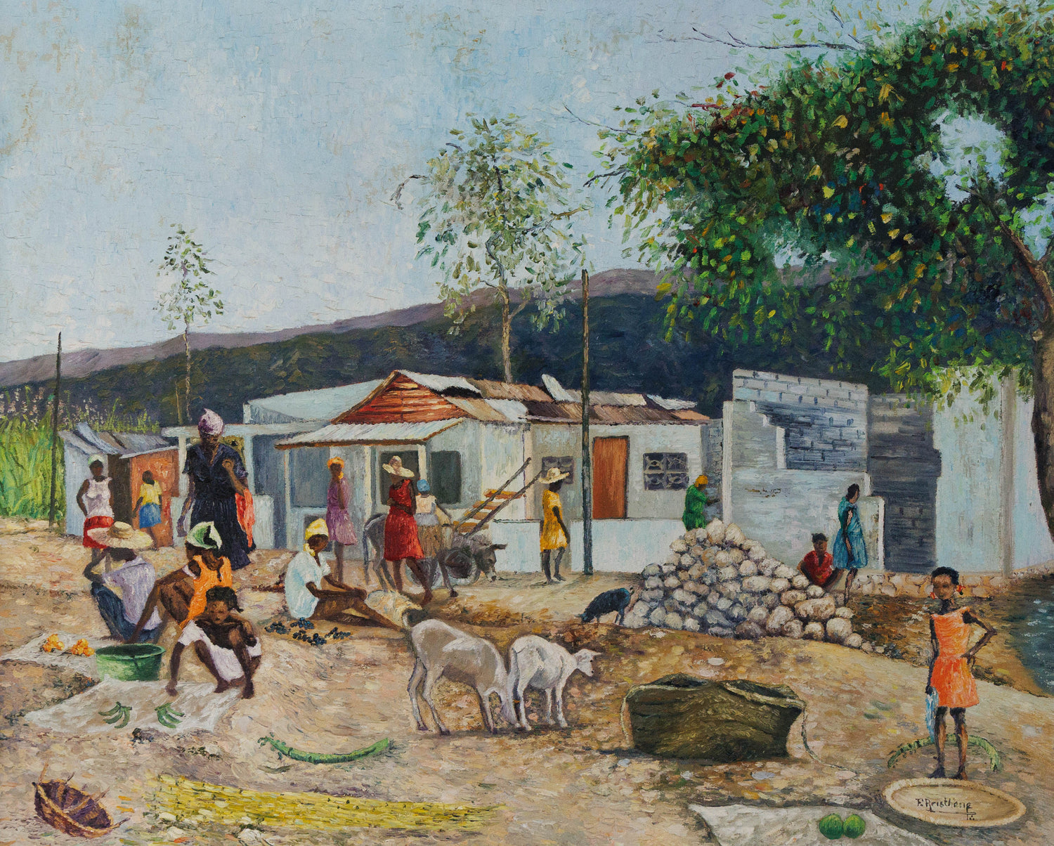 F. Aristhene painting depicting Haitian daily life with villagers, goats, and landscape