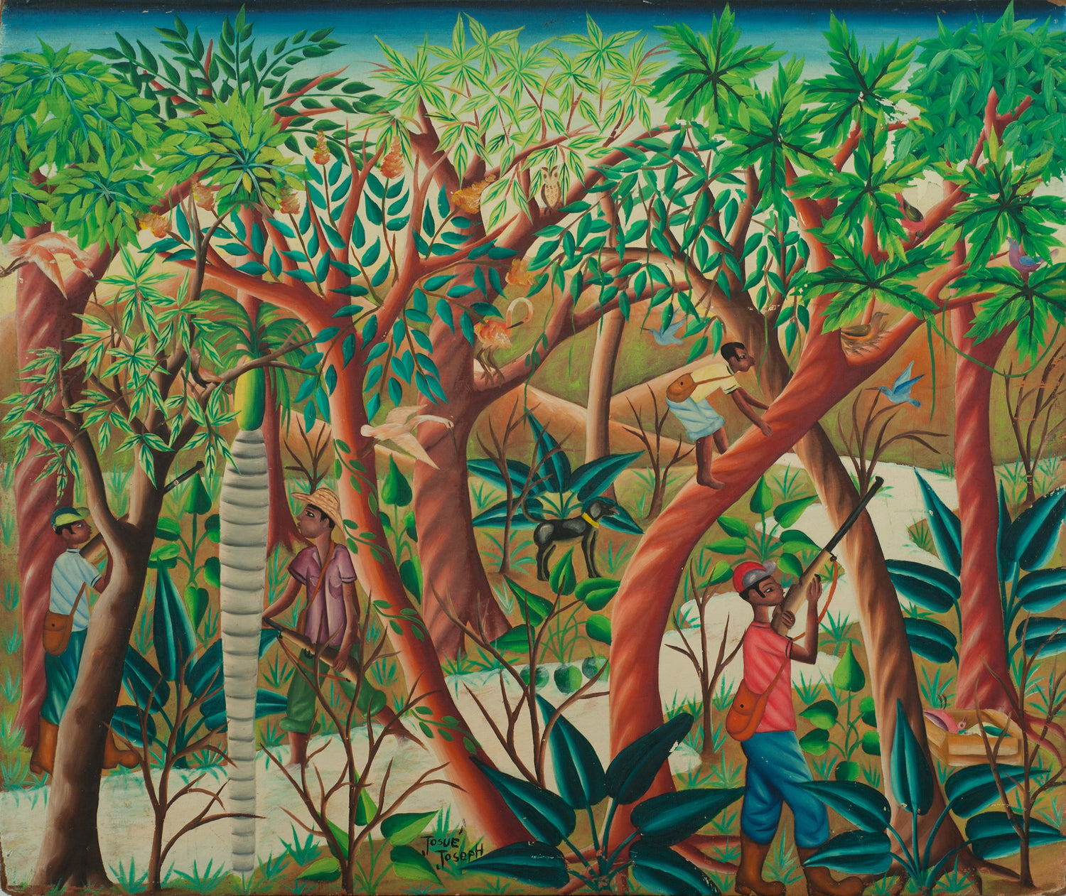 Josue Joseph original Haitian painting depicting a colorful tropical landscape and village scene.