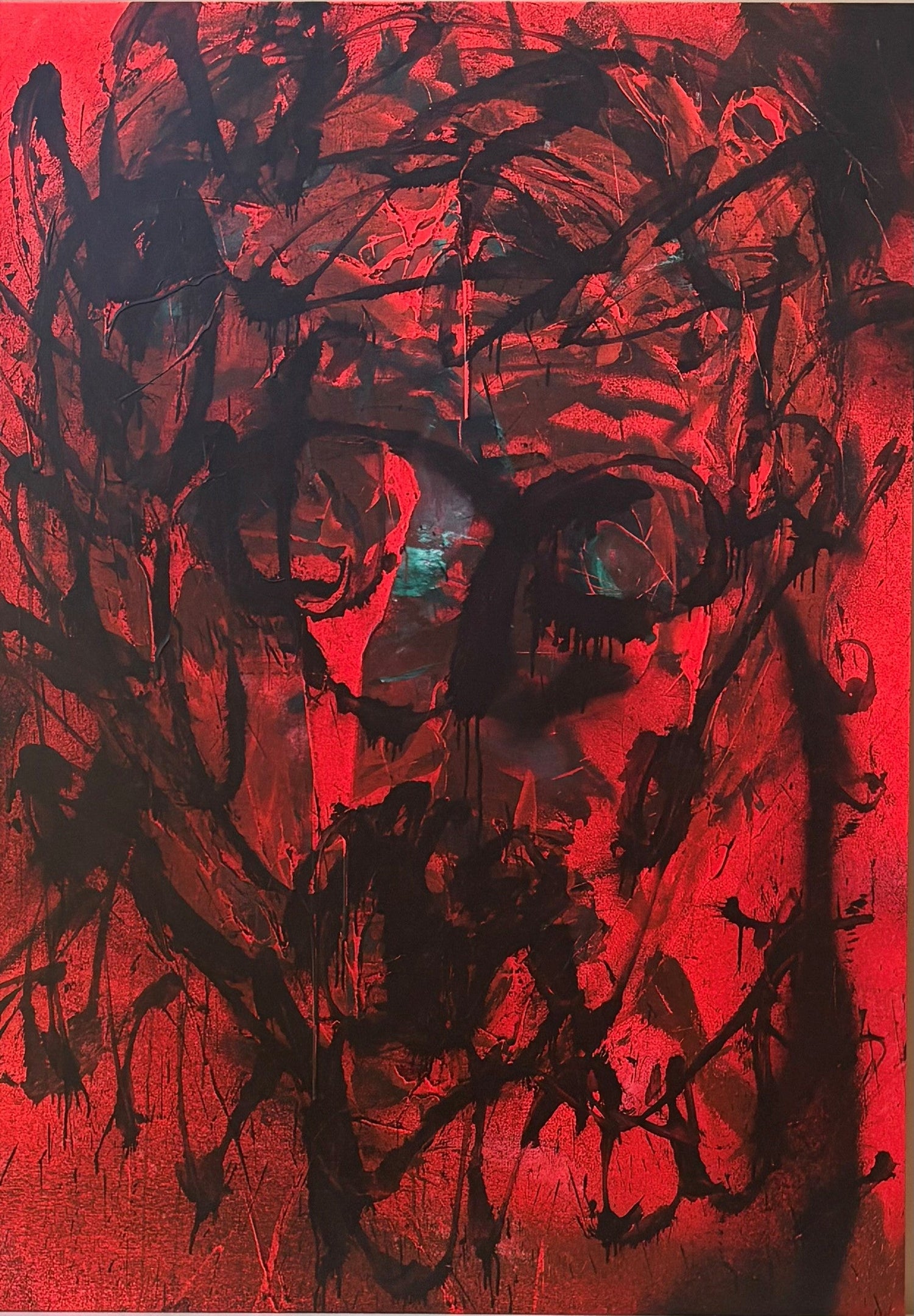 Mario Benjamin abstract Haitian contemporary painting with dark tonal palette and mixed media elements.