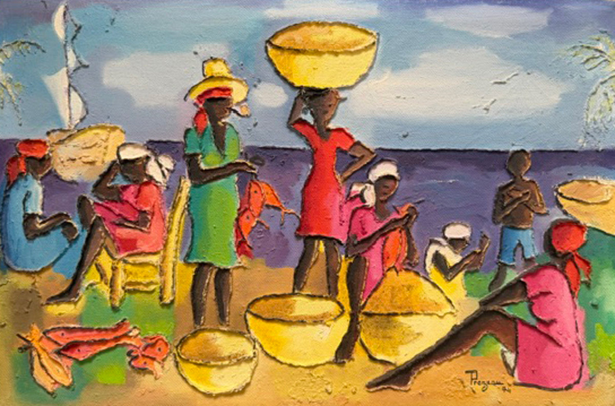 Haitian seaside market painting by Micheline Prezeau, 1994, women with baskets and red snapper