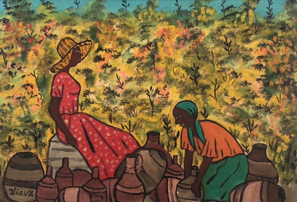 Oil painting by Haitian artist Philippe Vieux (born 1932, Port-au-Prince), refined and contemplative composition influenced by theatre, classical music, and literature.