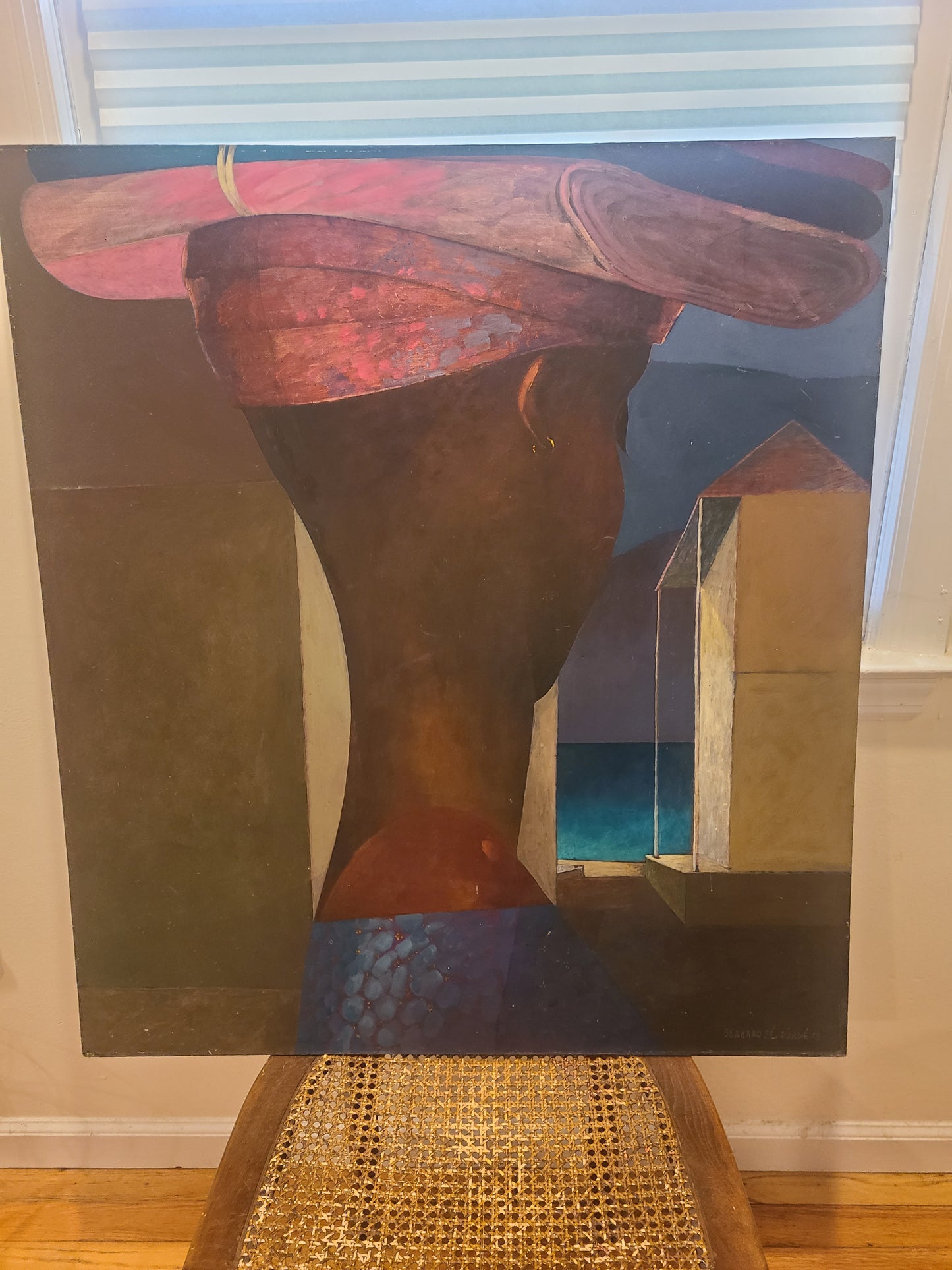 Bernard Sejourne (1947-1994) 36"x32" Fabric Seller With Basket 1978 Acrylic on Masonite Painting #1MF