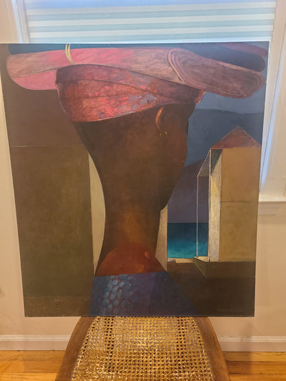 Bernard Sejourne (1947-1994) 36"x32" Fabric Seller With Basket 1978 Acrylic on Masonite Painting #1MF