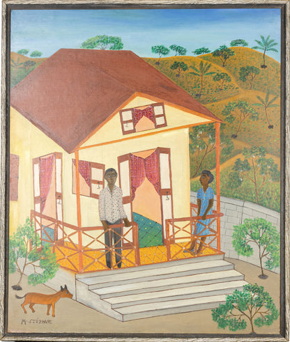Micius Stephane (1912-1996) 24"x20" Couple on a Porch C1980 Oil on Board Framed Painting #3SS