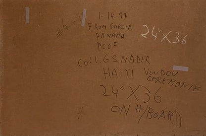 Andre Pierre (Haitiano, 1914-2005) "Ceremonia vudú" Pintura al óleo sobre tabla sin marco 24"h x 36"w #6-2-95GSN-NY