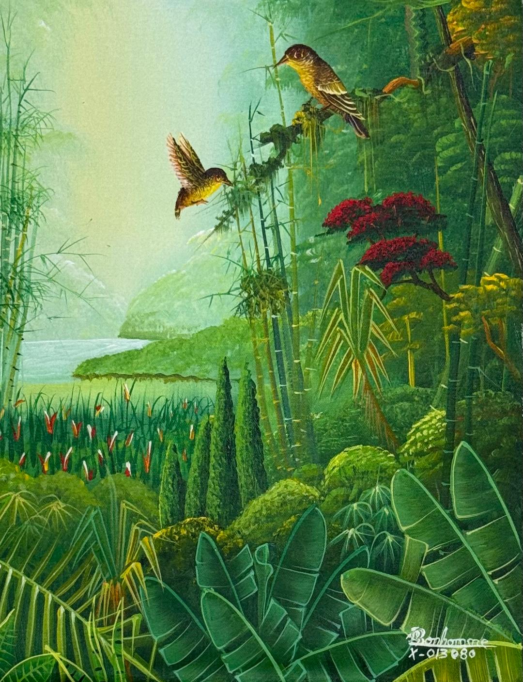 Tropical landscape painting by Albott Bonhomme depicting two birds in flight amid lush green foliage and flowering plants, acrylic on canvas, 16 x 12 inches, signed and inscribed.