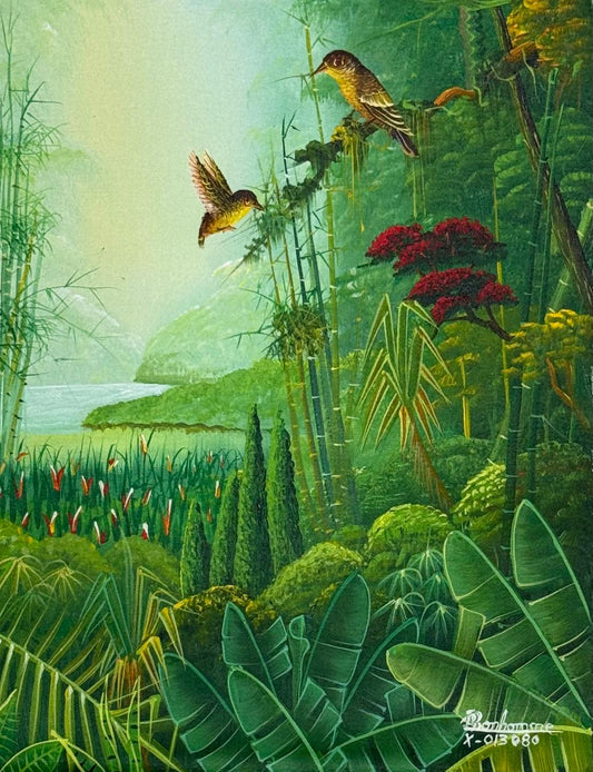 Tropical landscape painting by Albott Bonhomme depicting two birds in flight amid lush green foliage and flowering plants, acrylic on canvas, 16 x 12 inches, signed and inscribed.