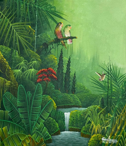 Tropical landscape painting by Albott Bonhomme depicting perched birds above lush green foliage and a cascading waterfall, acrylic on canvas, 20 x 16 inches, signed and inscribed X-013077A.