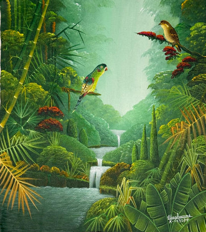 Haitian landscape painting by Albott Bonhomme depicting three birds above a lush green valley with cascading waterfalls and dense tropical foliage, acrylic on canvas, 20 x 16 inches, signed and inscribed #x-013079.