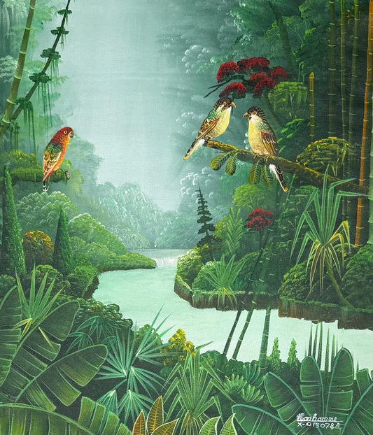 Haitian landscape painting by Albott Bonhomme depicting three birds above a calm river surrounded by dense tropical foliage, acrylic on canvas, 24 x 20 inches, signed and inscribed #x-013078A.