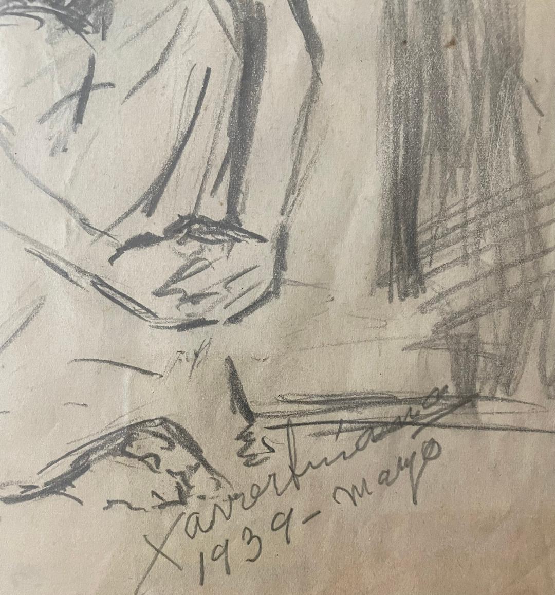 Xavier Amiama (1910-1969) 10.5"x7" El comulgante 1939 Dibujo a lápiz y tinta sobre papel #1MFN