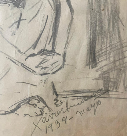 Xavier Amiama (1910-1969) 10.5"x7" El comulgante 1939 Dibujo a lápiz y tinta sobre papel #1MFN