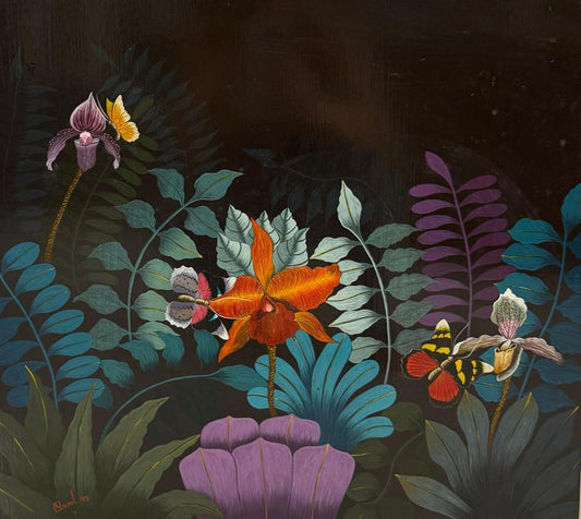 Andre Naval 20"x 32" Wild Orchids & Butterflies 1993 Oil on Board Painting #J1-HA