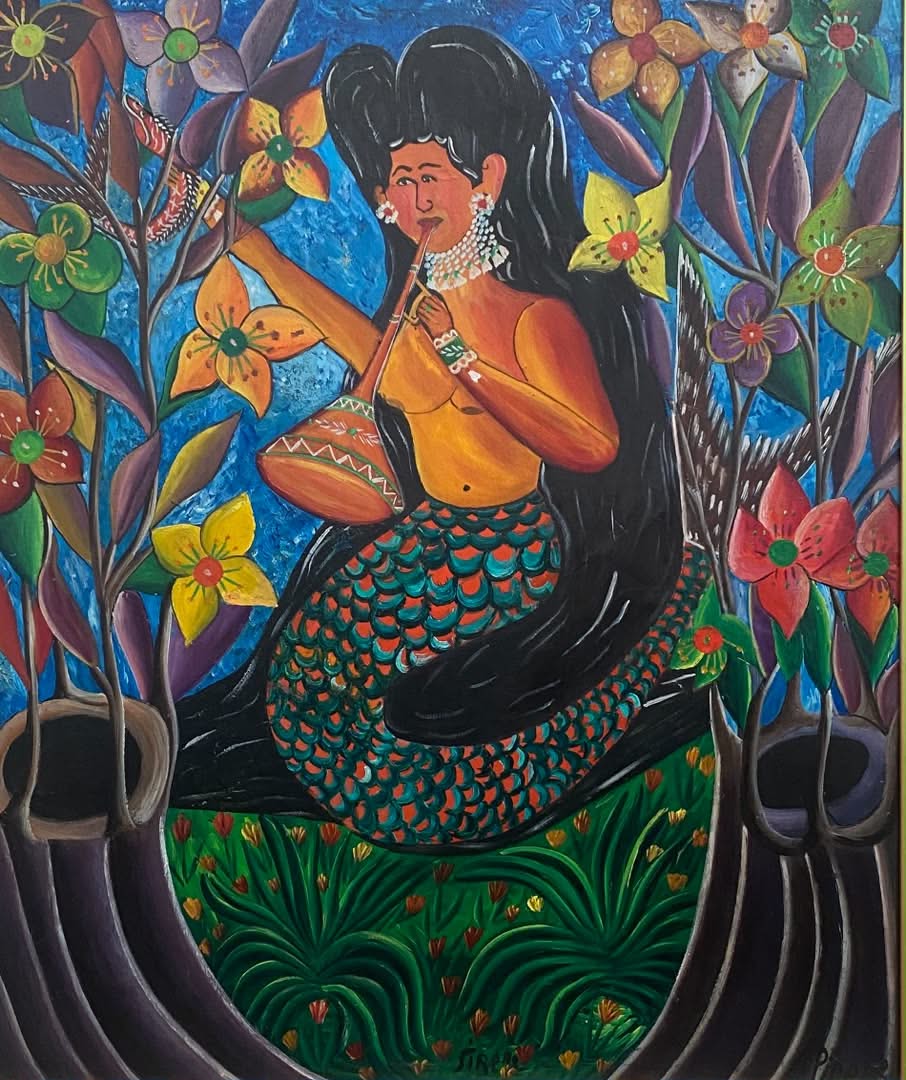 Untitled (La Sirène Mermaid) original painting by André Pierre of a mermaid with long black hair and teal and orange scales playing a pipe among flowers