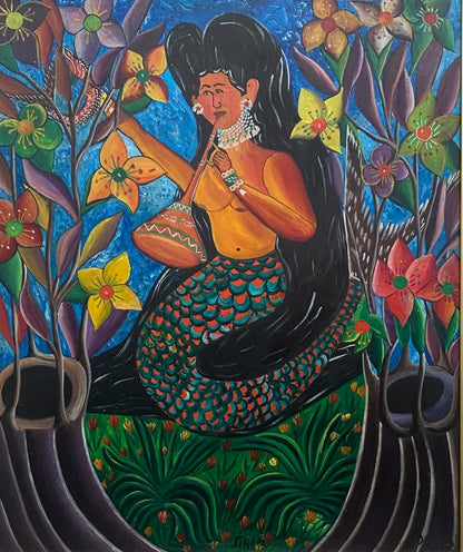 Untitled (La Sirène Mermaid) original painting by André Pierre of a mermaid with long black hair and teal and orange scales playing a pipe among flowers
