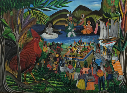Andre Pierre (Haitian, 1914-2005) 36"x48" Imanou & Rooster 1970 Oil on Board Painting #15-3-96GSN-Fondation Marie & Georges S. Nader