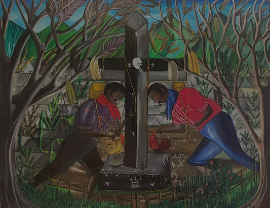 Andre Pierre (Haitiano, 1914-2005) "Ceremonia vudú en el cementerio" Pintura al óleo sobre tabla sin marco 50"h x 39"w #1GSN-NY