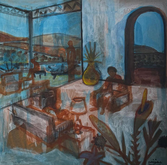 Artistic depiction of a room with furniture and decorative elements, featuring a blue and brown color scheme.