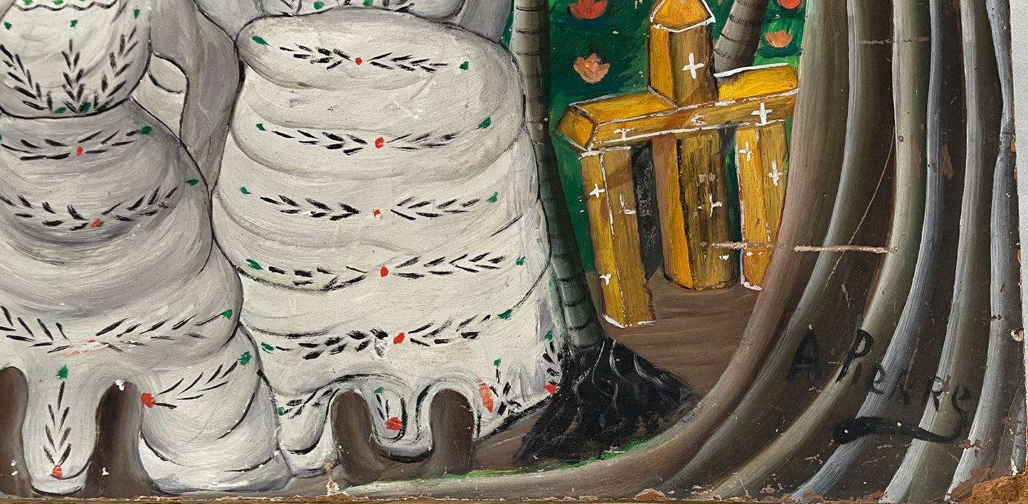 Andre Pierre (Haitiano, 1914-2005) "Ceremonia vudú" Pintura al óleo sobre tabla sin marco 24"h x 36"w #6-2-95GSN-NY