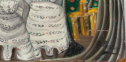 Andre Pierre (Haitiano, 1914-2005) "Ceremonia vudú" Pintura al óleo sobre tabla sin marco 24"h x 36"w #6-2-95GSN-NY