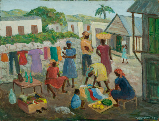 Tamara Baussan (1909-1999) 14"x18 Street Market 1998 Acrylic on Board Painting #44-3-96GSN-Fondation Marie & Georges S. Nader
