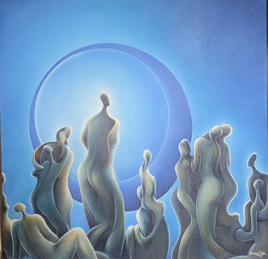 Artistic depiction of abstract human-like figures against a blue background with circular design