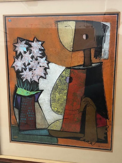 Angel Botello (1913-1986) 22"x18" 'MUJER CON FLORES' Unframed Hand-Signed A/P 10/10 N-Linocut Print #3SJ