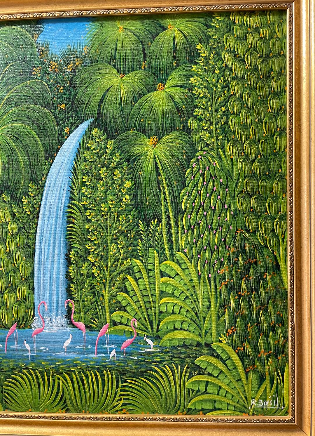 Henri-Robert Bresil 20"x24" Vegetación verde con flamencos, pájaros, ibis y cascada Óleo sobre lienzo #2MFN