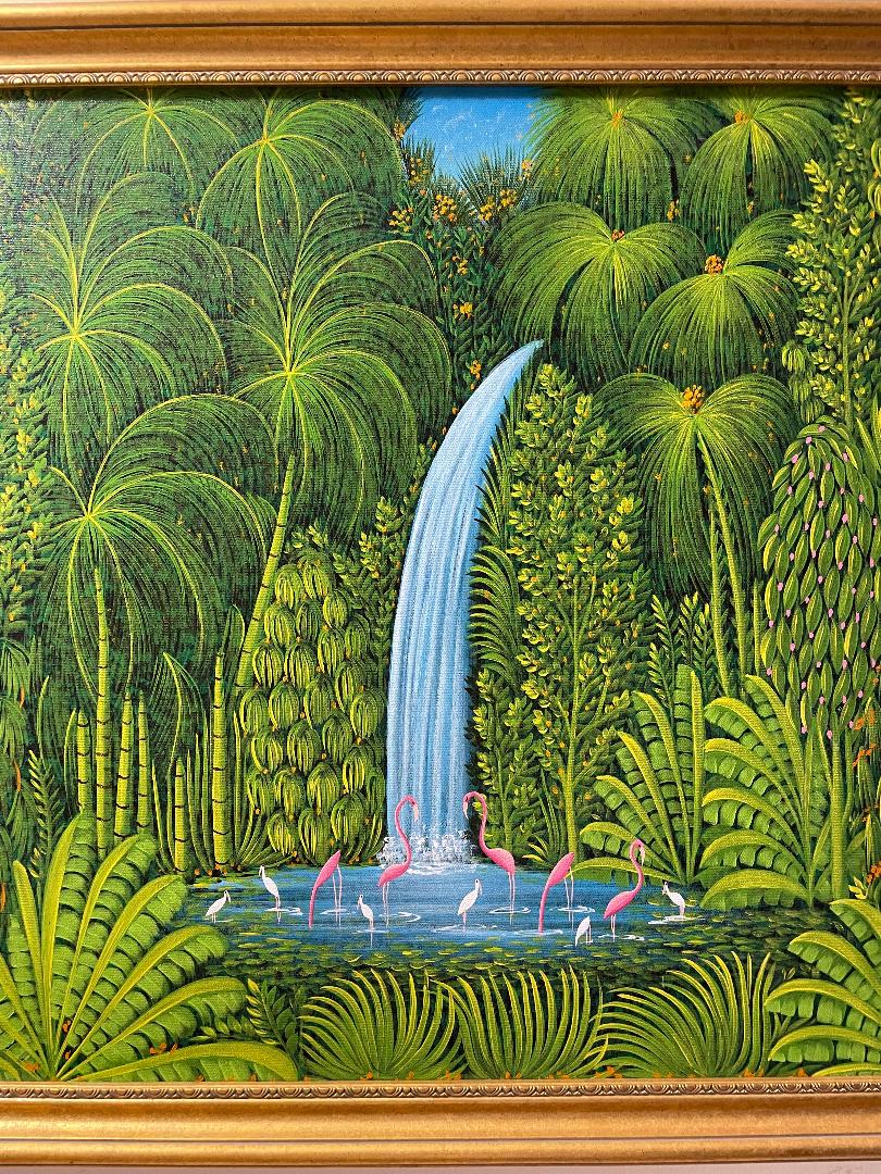 Henri-Robert Bresil 20"x24" Vegetación verde con flamencos, pájaros, ibis y cascada Óleo sobre lienzo #2MFN