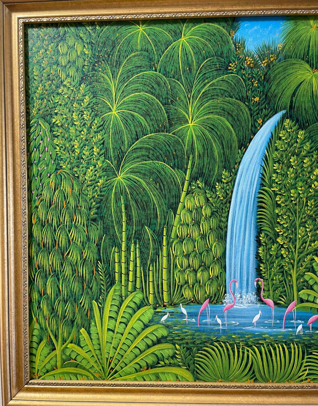 Henri-Robert Bresil 20"x24" Vegetación verde con flamencos, pájaros, ibis y cascada Óleo sobre lienzo #2MFN