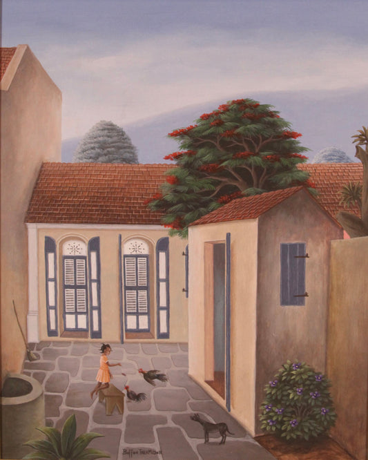 Buffon Thermidor 20"x16" Girl Feeding Chickens 1990 Oil on Board Painting#1TP