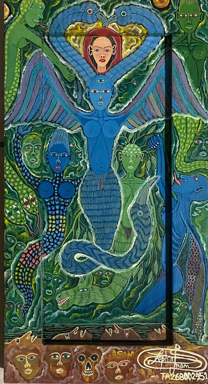 Frantz Zephirin 15”x8” Untitled Blue Mermaid 2002 Oil on Canvas Hand-Painted Encrusted Framed Painting  #25JN-HA