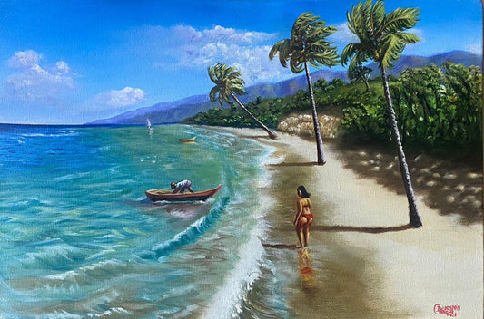 Cabrini Demesmin oil on canvas 16x24 inches showing Haitian beach with palm trees, woman at shoreline, fisherman in boat, and turquoise Caribbean water.