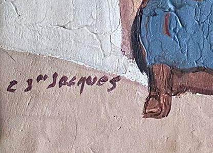 Carlo Jn-Jacques' Close-up of a signature on a textured surface with a blue and brown color scheme.