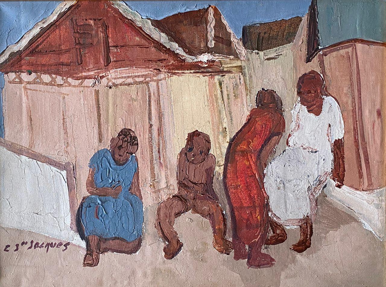 Carlo Jean-Jacques Haitian village scene painting with figures, acrylic on canvas 16 x 16 inches c.1990, textured figurative composition