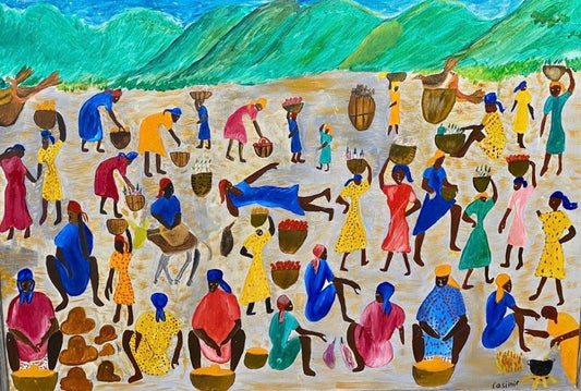 Casimir Laurent oil on board painting of a Haitian market scene, women carrying baskets, c. 1960