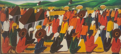 Casimir 18"x40" Market Scene Oil on Board 1969 Unframed Painting #1CC