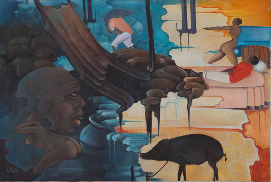 Célestin Faustin Vodou dream painting with figures, pig, and symbolic village scene, Haitian oil on canvas 24 × 36 inches.