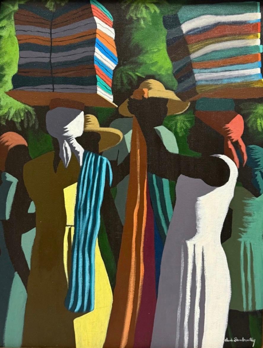 Claude Dambreville Market Women Carrying Textiles c.1979 acrylic on canvas 30x24 depicting Haitian women carrying colorful fabric bundles.