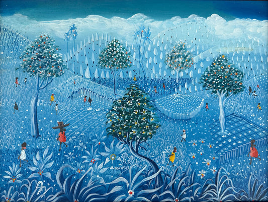 David Saintus Haitian oil painting, blue monochrome orchard scene with rainfall and village figures