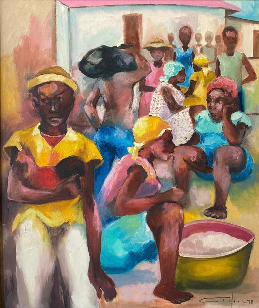 Dieudonné Cedor 1978 oil on canvas depicting Haitian market figures with rooster, 24 x 20 inches, signed lower right, unframed, good condition.