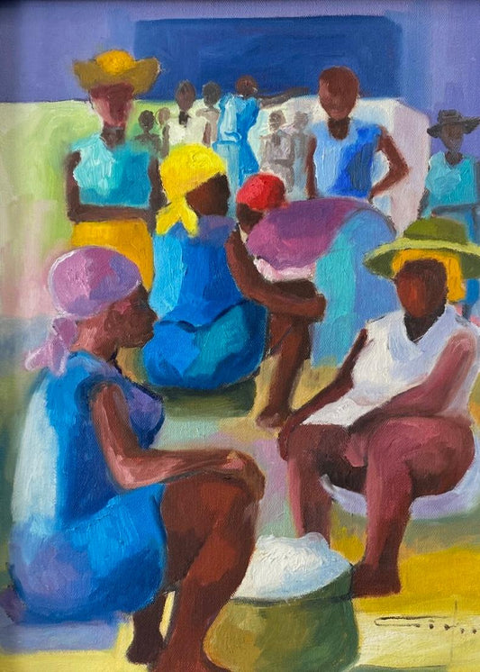 Dieudonne Cedor (1925-2010) 16"x12" Haitian Market Figures c1979 Oil On Canvas Unframed Painting #2ML