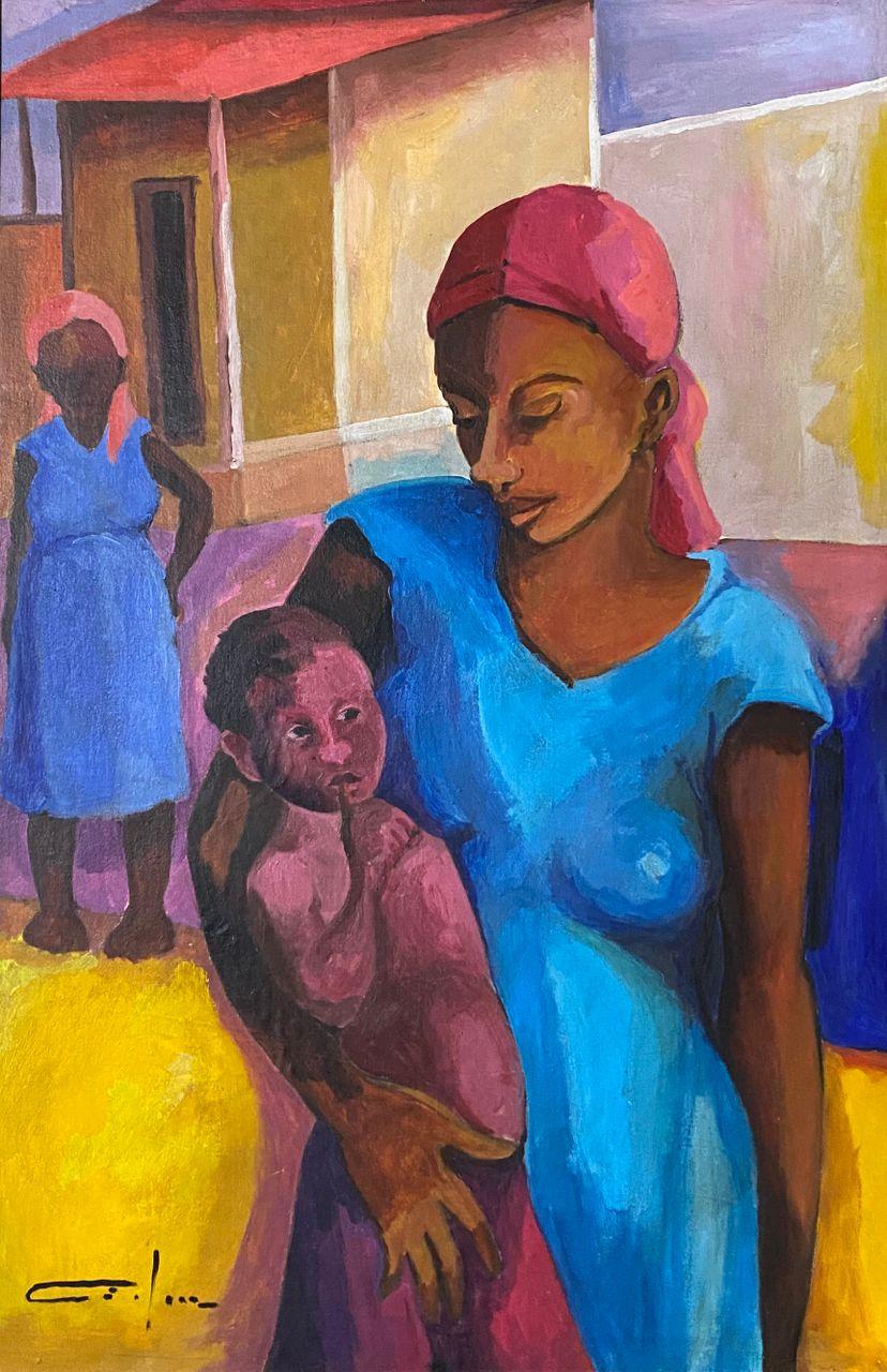 Dieudonné Cédor Haitian mother and child painting in village setting, oil on canvas 36 × 24 inches.