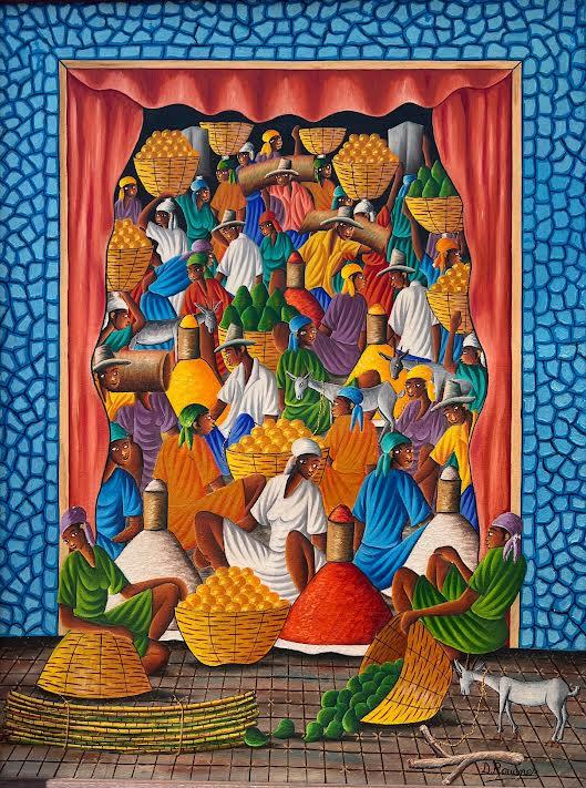 Dieudonne Rouanez (1920-DCD) 24"x32" Protesta contra Macoutes 1982 Óleo sobre lienzo #1-2-95MFN