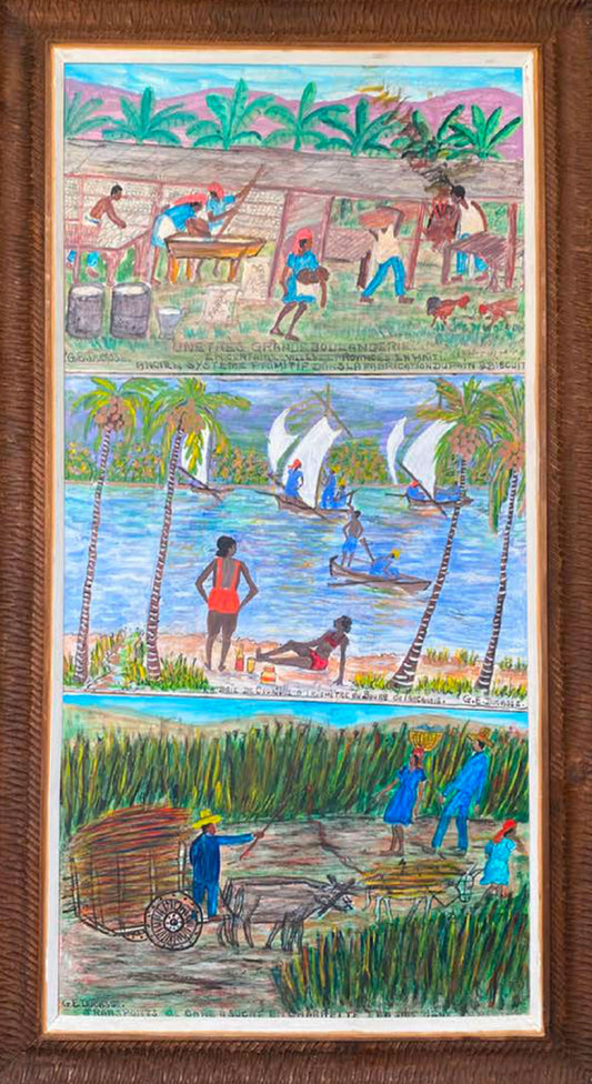 Gervais Emmanuel Ducasse (1903-1988) 16"x24" 1980 "Esquina de un pequeño mercado y los comerciantes" Óleo a bordo #8MFN