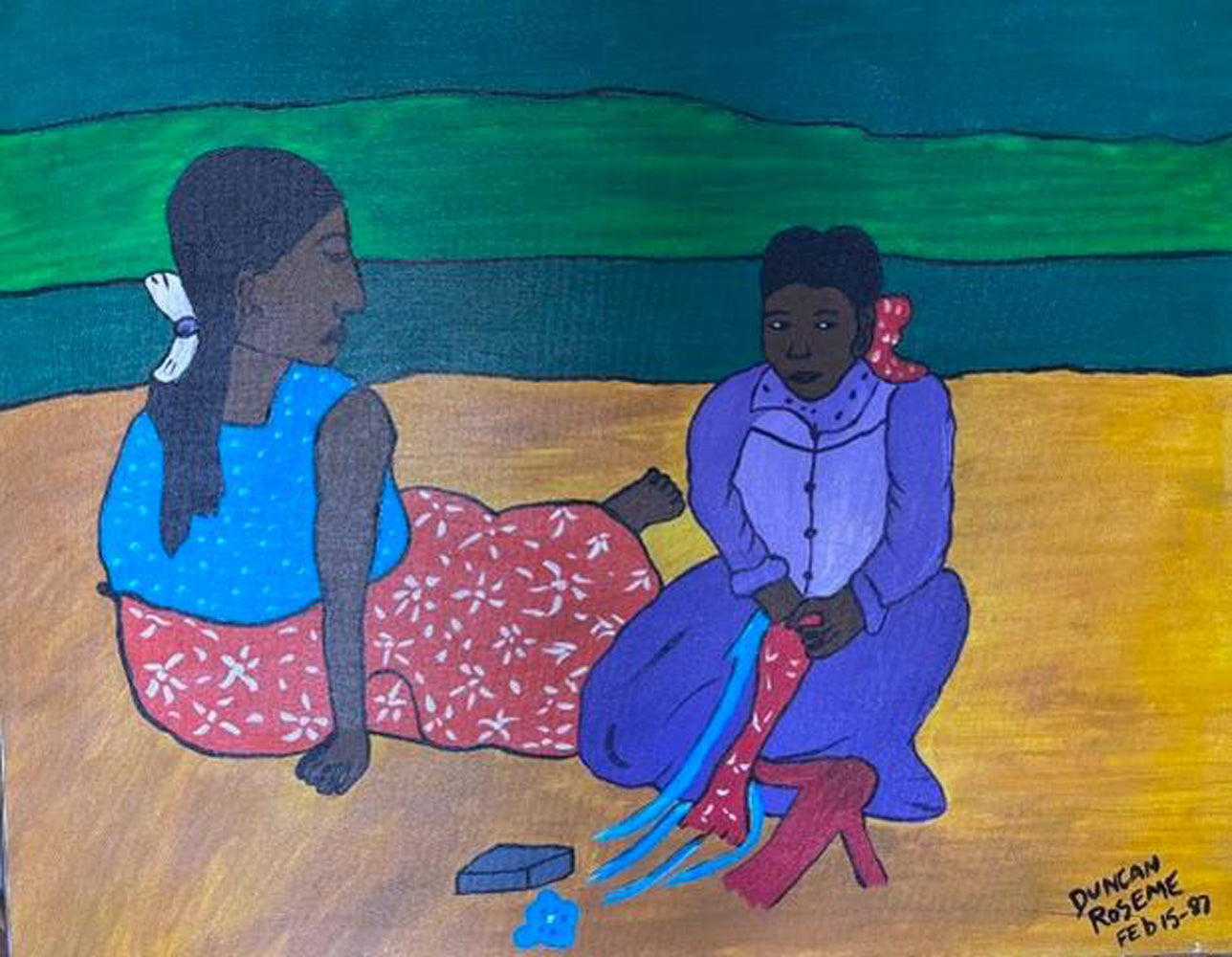 Duncan Roseme Two Women at the Beach, original 1987 Haitian oil on canvas depicting two women seated on a beach engaged in conversation and textile work, 24 × 30 inches.